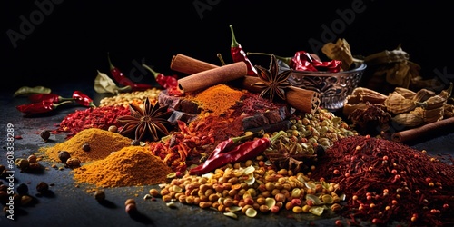 Fototapeta Naklejka Na Ścianę i Meble -  AI Generated. AI Generative. Set of different indian spices for meny food tasty. Graphic Art