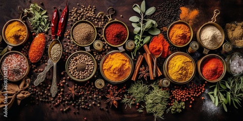 AI Generated. AI Generative. Set of different indian spices for meny food tasty. Graphic Art photo