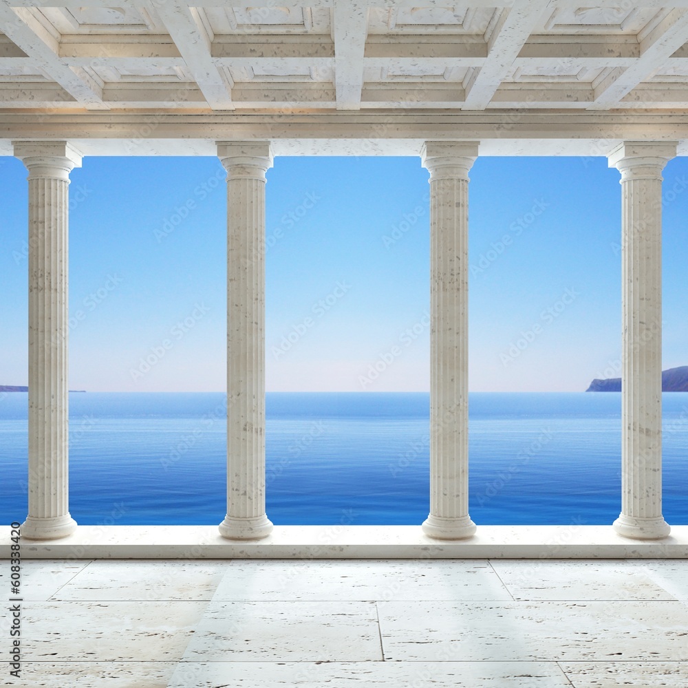 Antique colonnade on a background of blue sea Antique colonnade on a background of blue sea