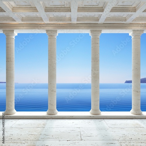 Antique colonnade on a background of blue sea