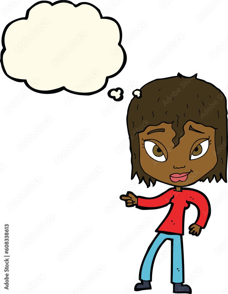 cartoon relaxed woman pointing with thought bubble cartoon relaxed woman pointing with thought bubble