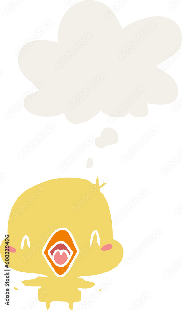 cartoon happy bird with thought bubble in retro style