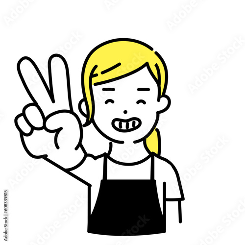 かわいい人物のイラストシリーズ _ 女性の店員_ ピースサイン