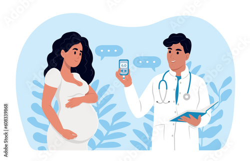 A young smiling gynecologist measures the sugar level of a pregnant woman with a glucometer. Diabetes in pregnant women. World Diabetes Day. Gynecologist and obstetrician consultation.