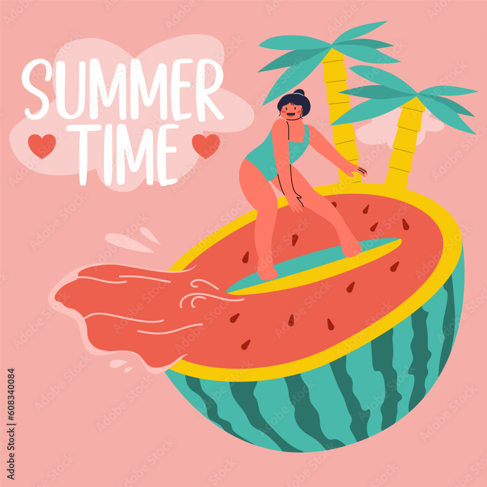 Summer scene, a girl surfing in a huge watermelon. Vector illustration.