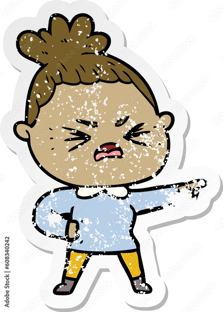 distressed sticker of a cartoon angry woman distressed sticker of a cartoon angry woman