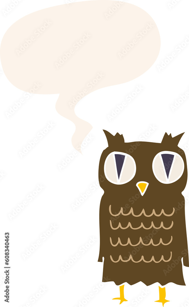 cartoon owl with speech bubble in retro style