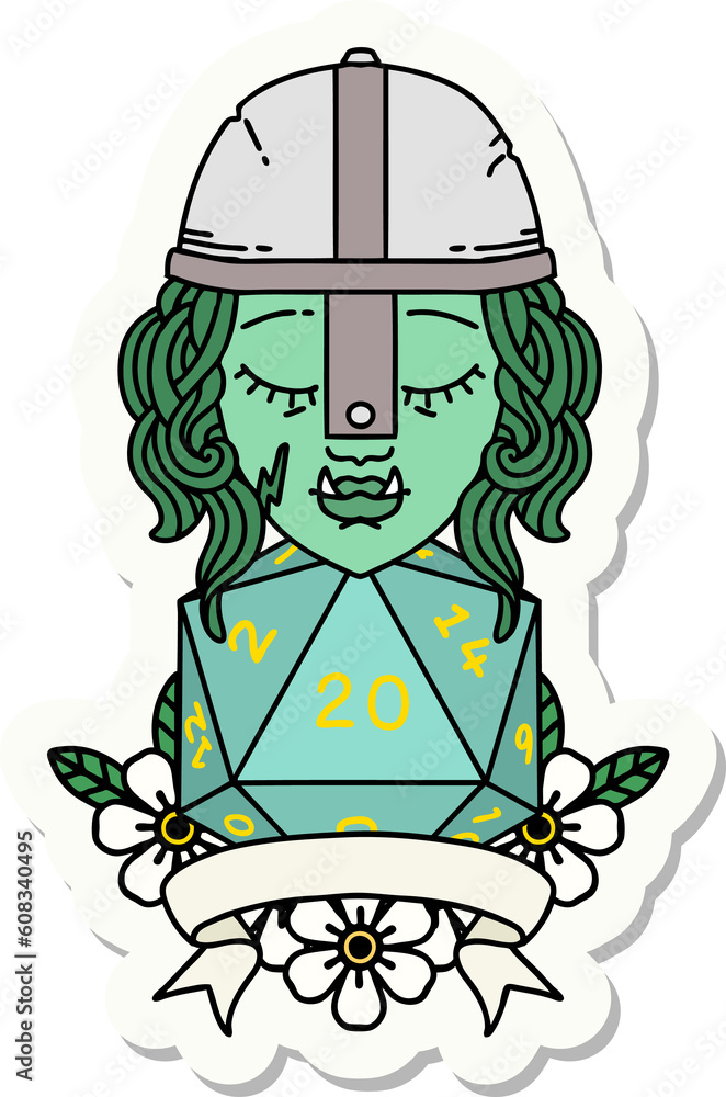 sticker of a half orc fighter with natural twenty dice roll