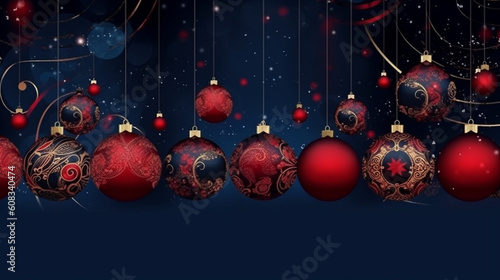 Viele schöne Weihnachtskugel in Reihe dekoriert als Postkarte und Hintergrund, ai generativ