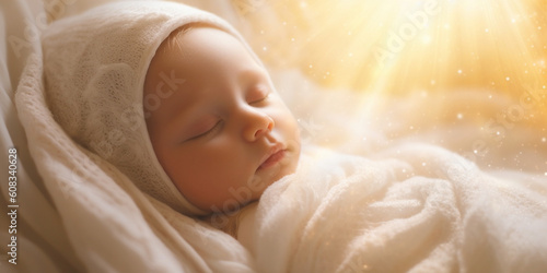 Baby mit weißer Decke umhüllt mit Sonnenstrahlen und Lichteinfall Nahaufnahme, ai generativ