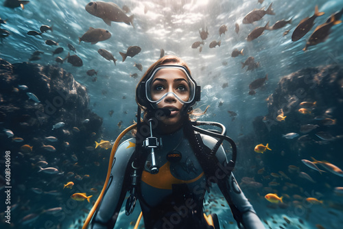 Photo Scuba diver woman swimming in the under water sea