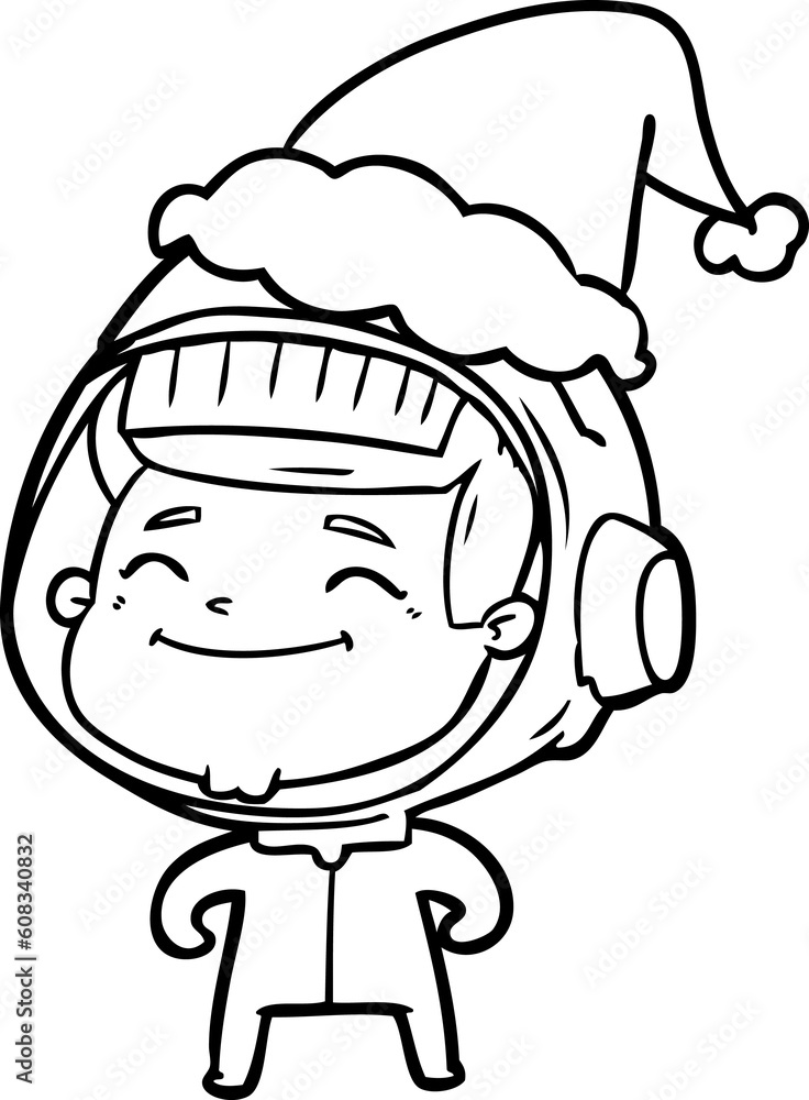happy hand drawn line drawing of a astronaut wearing santa hat