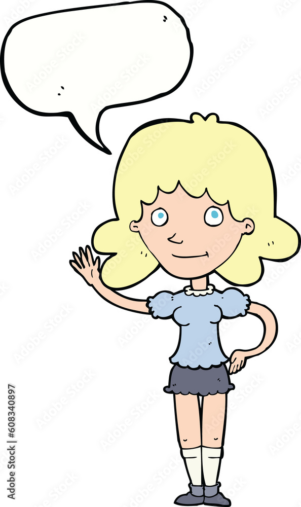 cartoon woman waving with speech bubble cartoon woman waving with speech bubble