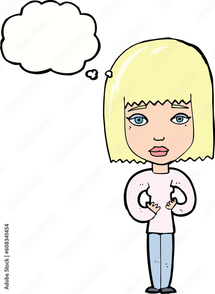 cartoon woman indicating self with thought bubble cartoon woman indicating self with thought bubble
