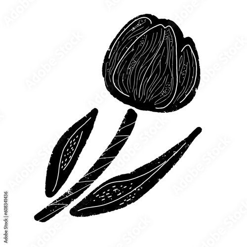 Tulip. Hand drawn flower in linocut style. Black imprint. Element for design