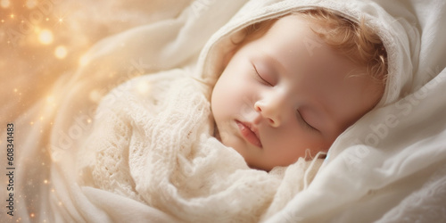 Baby mit weißer Decke umhüllt mit Sonnenstrahlen und Lichteinfall Nahaufnahme, ai generativ
