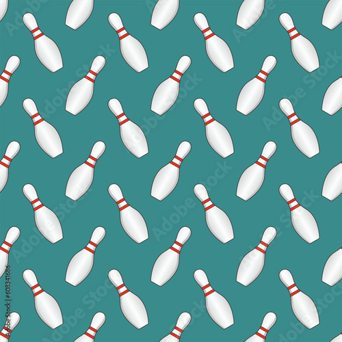 Vector striped bowling pins seamless pattern isolated on green background.