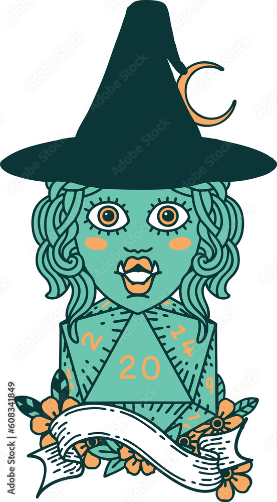 Retro Tattoo Style half orc mage with natural 20 dice roll Retro Tattoo Style half orc mage with natural 20 dice roll