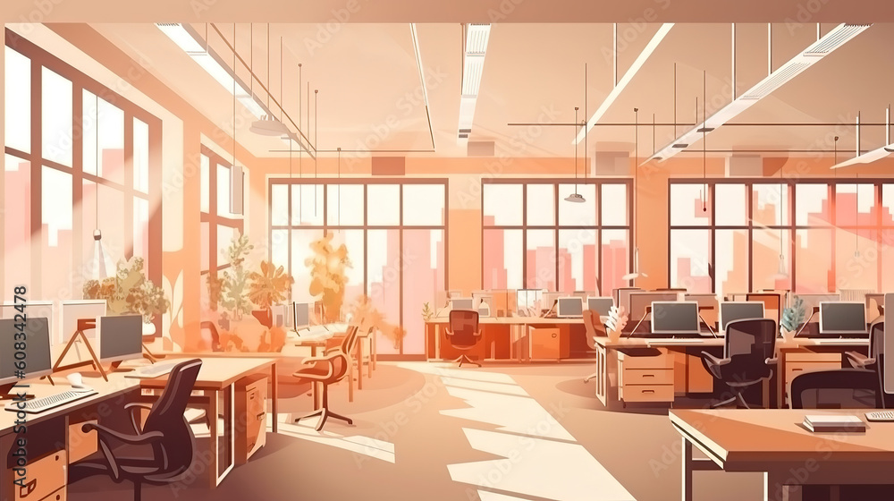 Office workspace vector illustration or coworking business open workplace interior. Generative Ai