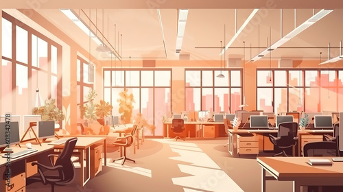Office workspace vector illustration or coworking business open workplace interior. Generative Ai © hassanmim2021