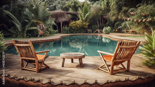 luxury swimming pool in african garden with tipical local chairs. Generative Ai photo