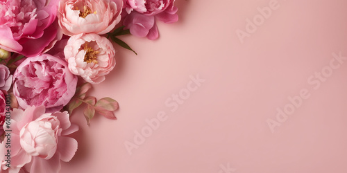 Rosa Blumen dekoriert mit rosa Untergrund zum Muttertag und Valentin mit Platzhalter  ai genrativ