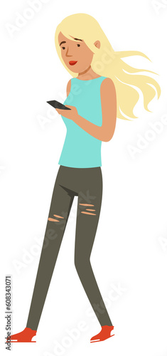 Teen girl walking with smartphone in hand. Cartoon character