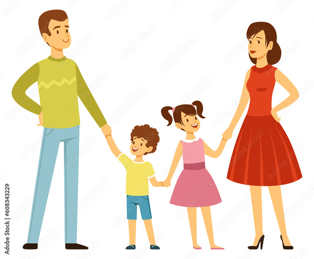 Happy parents with boy and girl. Family hold hands