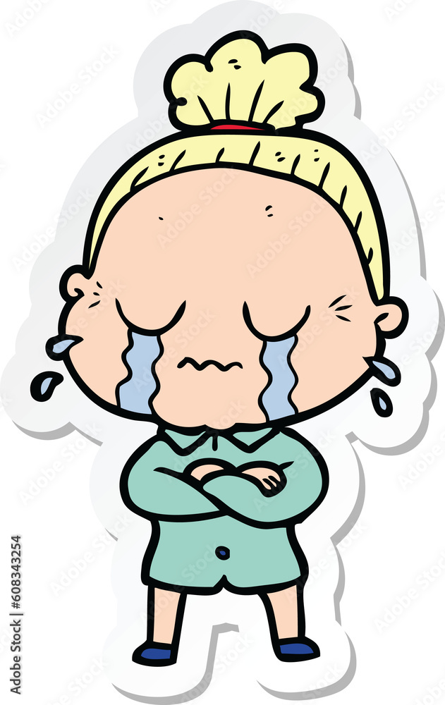 sticker of a cartoon crying old lady sticker of a cartoon crying old lady
