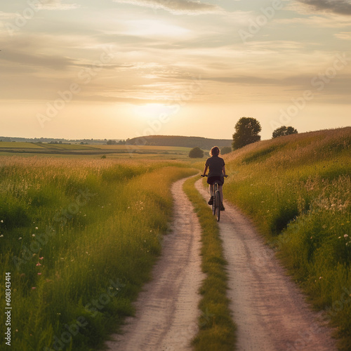 a person enjoying a scenic bike ride, sunset, outdoors, AI generative © M