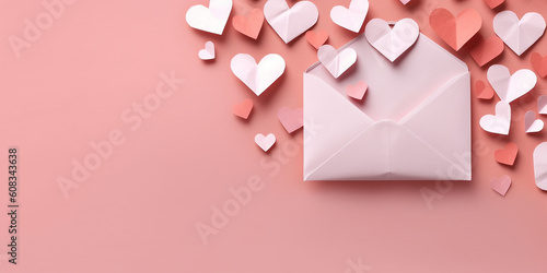 Briefkuvert mit rosa Herzen dekoriert zum Valentienstag, ai generativ