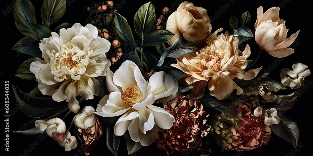 AI Generated. AI Generative. Photo Illustration of flowers on canvas elegant luxury style decoration. Graphic Art