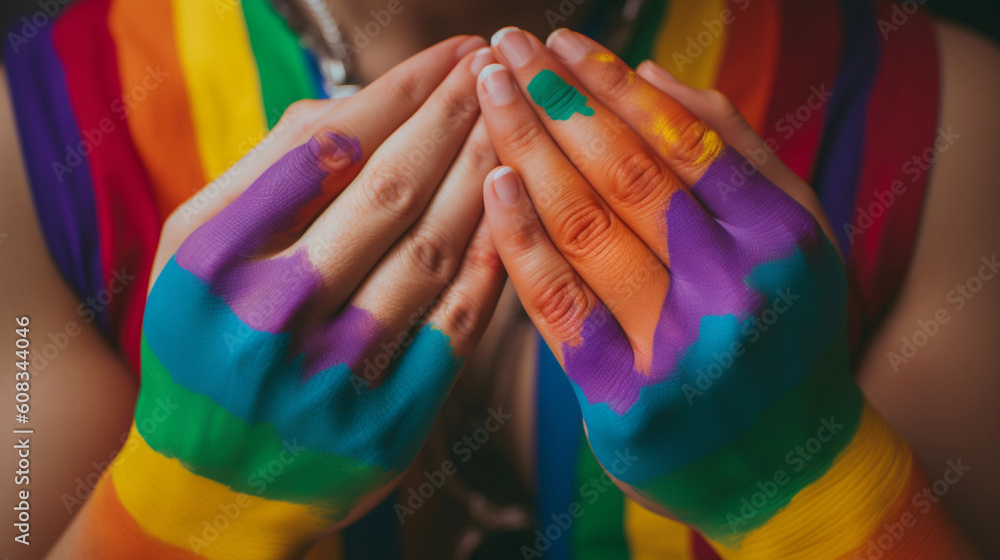 Fototapeta premium LGBT pride, hands of the child with rainbow