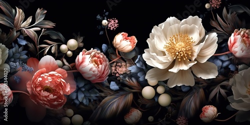 Fototapeta Naklejka Na Ścianę i Meble -  AI Generated. AI Generative. Photo Illustration of flowers on canvas elegant luxury style decoration. Graphic Art