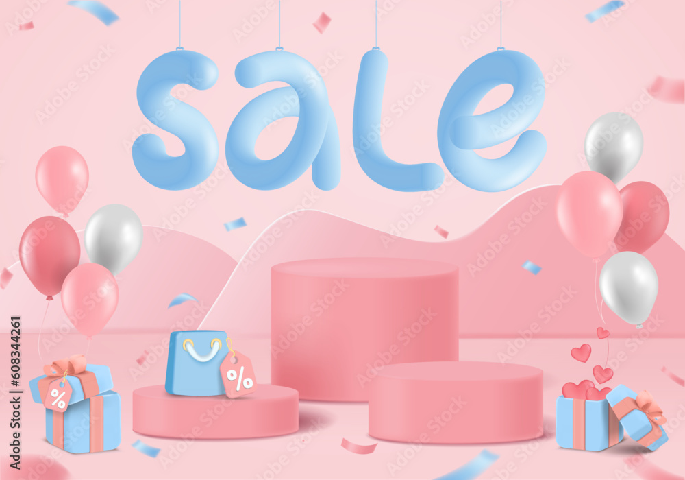 Flash sale promotion cute banner with podium and discount label, balloon
sale and discount tag background