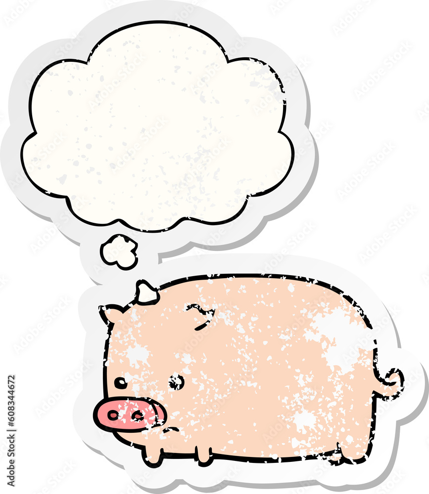 Obraz premium cute cartoon pig with thought bubble as a distressed worn sticker