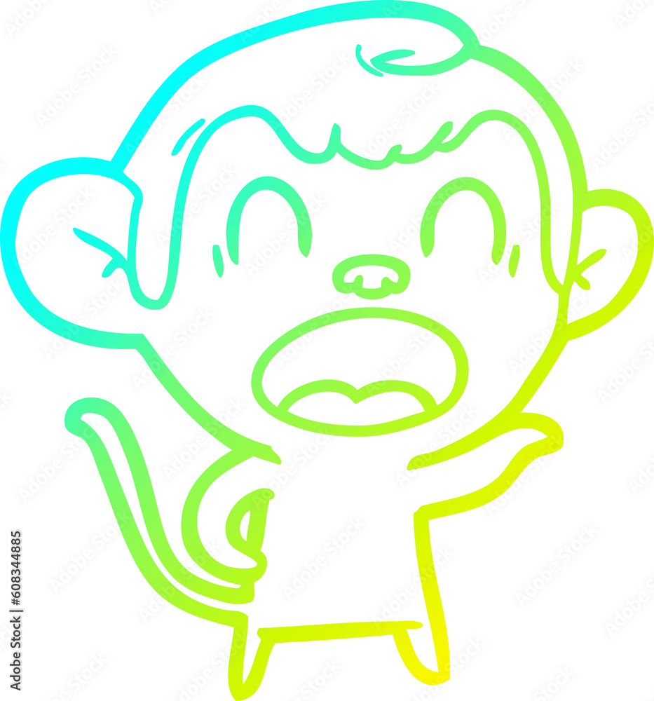 cold gradient line drawing of a shouting cartoon monkey pointing
