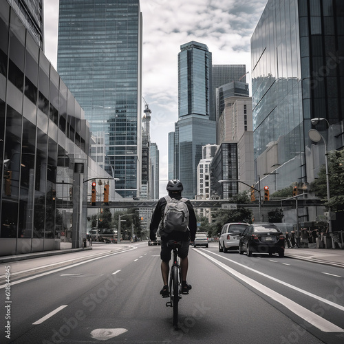 A person riding a bike through a urban city scape, skyscrapers, road,traffic, AI generative © M