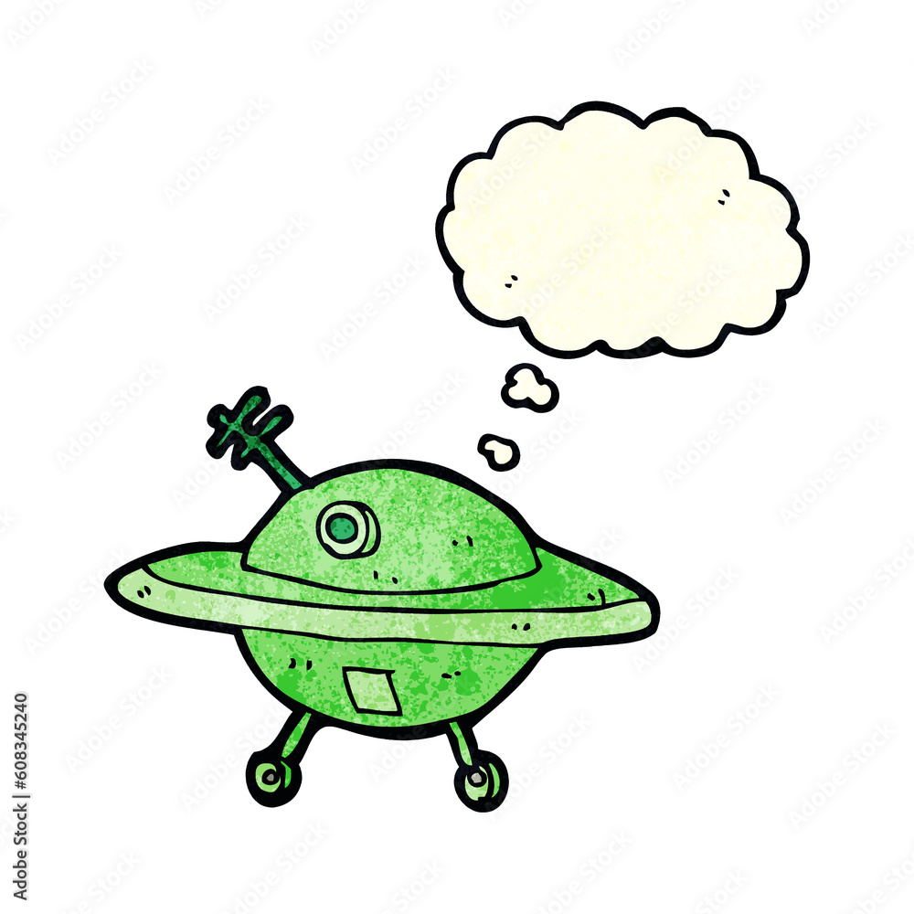 cartoon flying saucer with thought bubble
