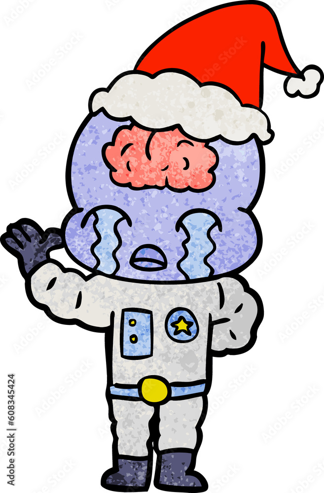 hand drawn textured cartoon of a big brain alien crying wearing santa hat hand drawn textured cartoon of a big brain alien crying wearing santa hat