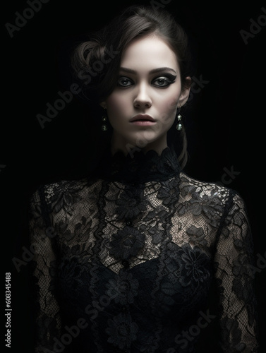 Schöne elegante Fashion Frau in schwarzer Spitzen Bluse Porträt, ai generativ 