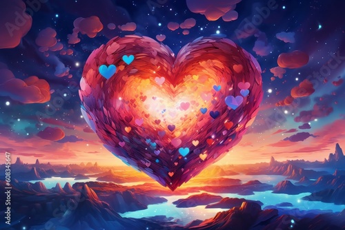 Heart shaped planet floating in a surreal sky, with colorful constellations surrounding it, portraying a love that transcends boundaries and exists in its own extraordinary universe. Generative AI