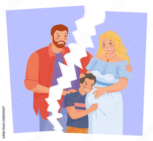 Teared photo with parents and kid. Couple divorce. Broken family