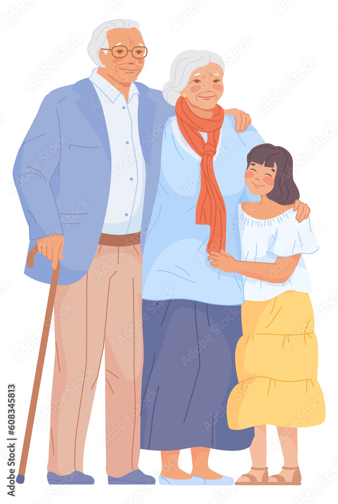 Fototapeta premium Grandparents with little girl. Happy seniors with granddaughter together