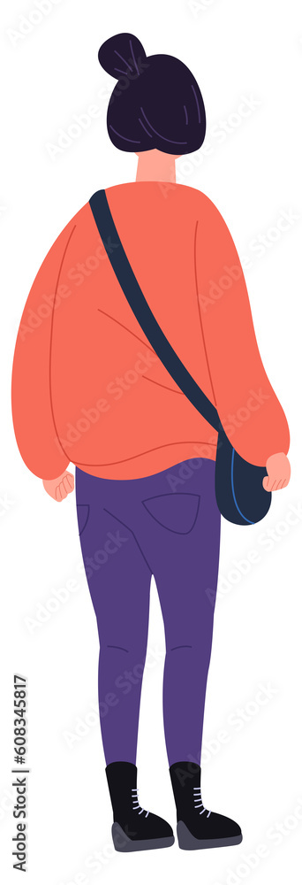 Fototapeta premium Young woman rear view. Student in outdoor clothes