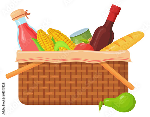 Food basket icon. Cartoon woven humper for picnic