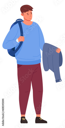 Student hold jacket in hands. Young man with backpack