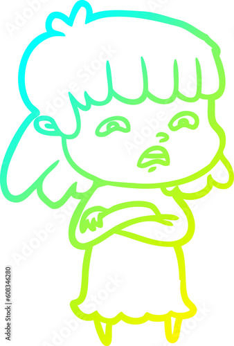 cold gradient line drawing of a cartoon worried woman