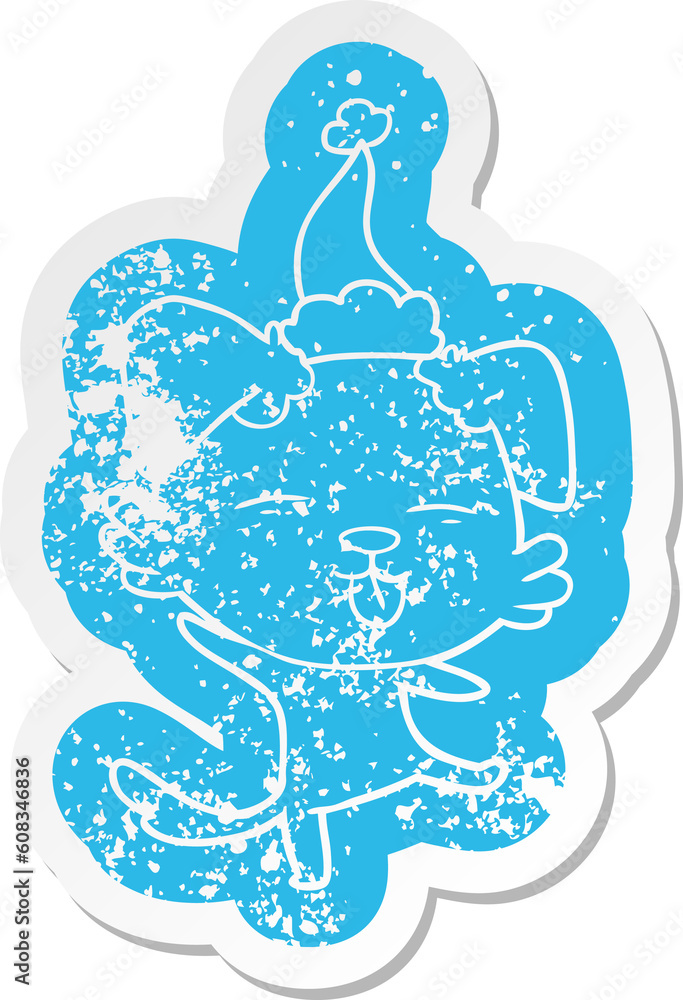 quirky cartoon distressed sticker of a dancing dog wearing santa hat quirky cartoon distressed sticker of a dancing dog wearing santa hat