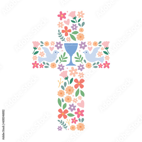 Catholic Christian Cross with flowers and leaves inside, First Communion cross, Christening, Baptism, vector illustration